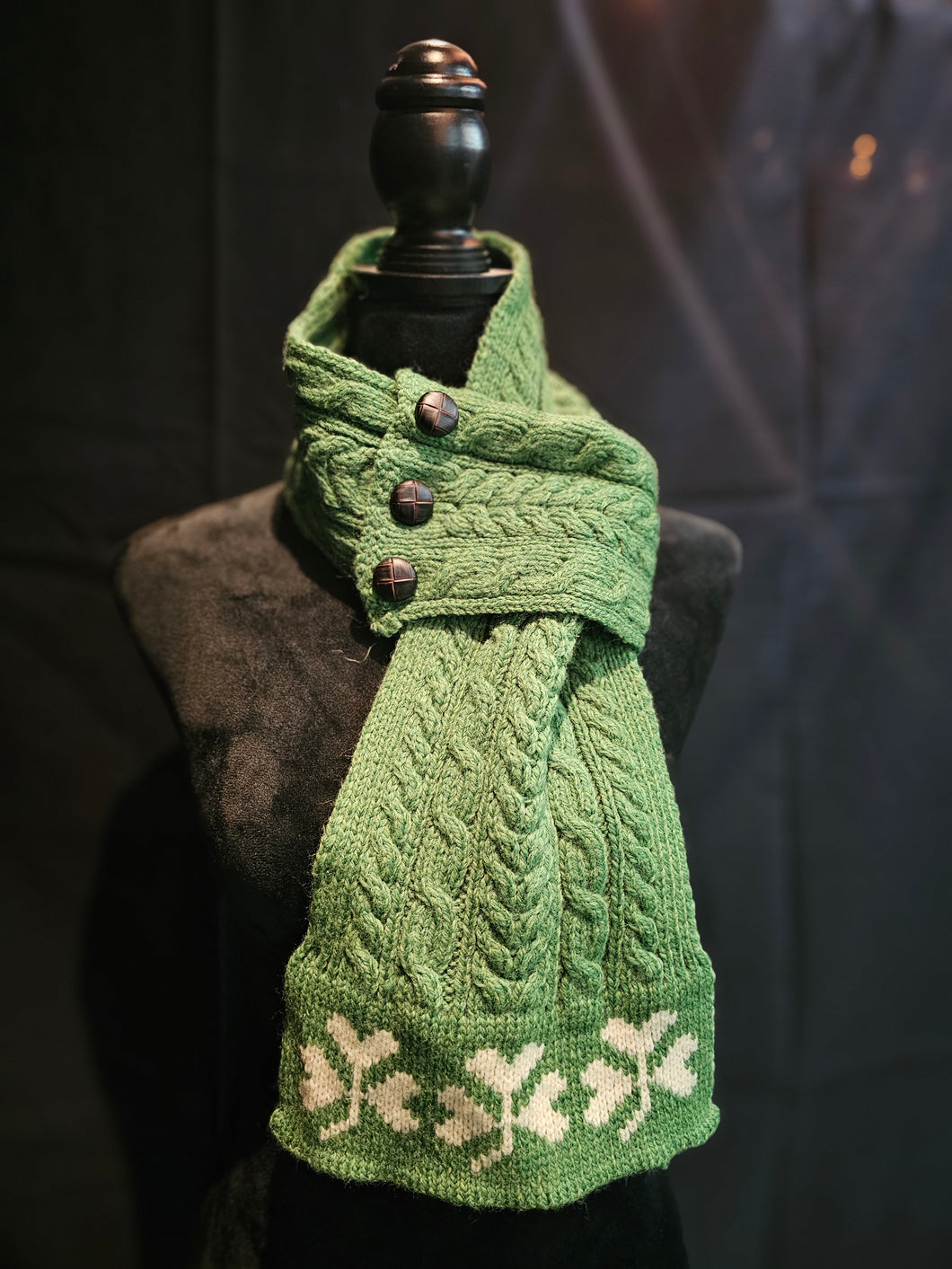 Aran Wool Loop Scarf with Shamrock Trim