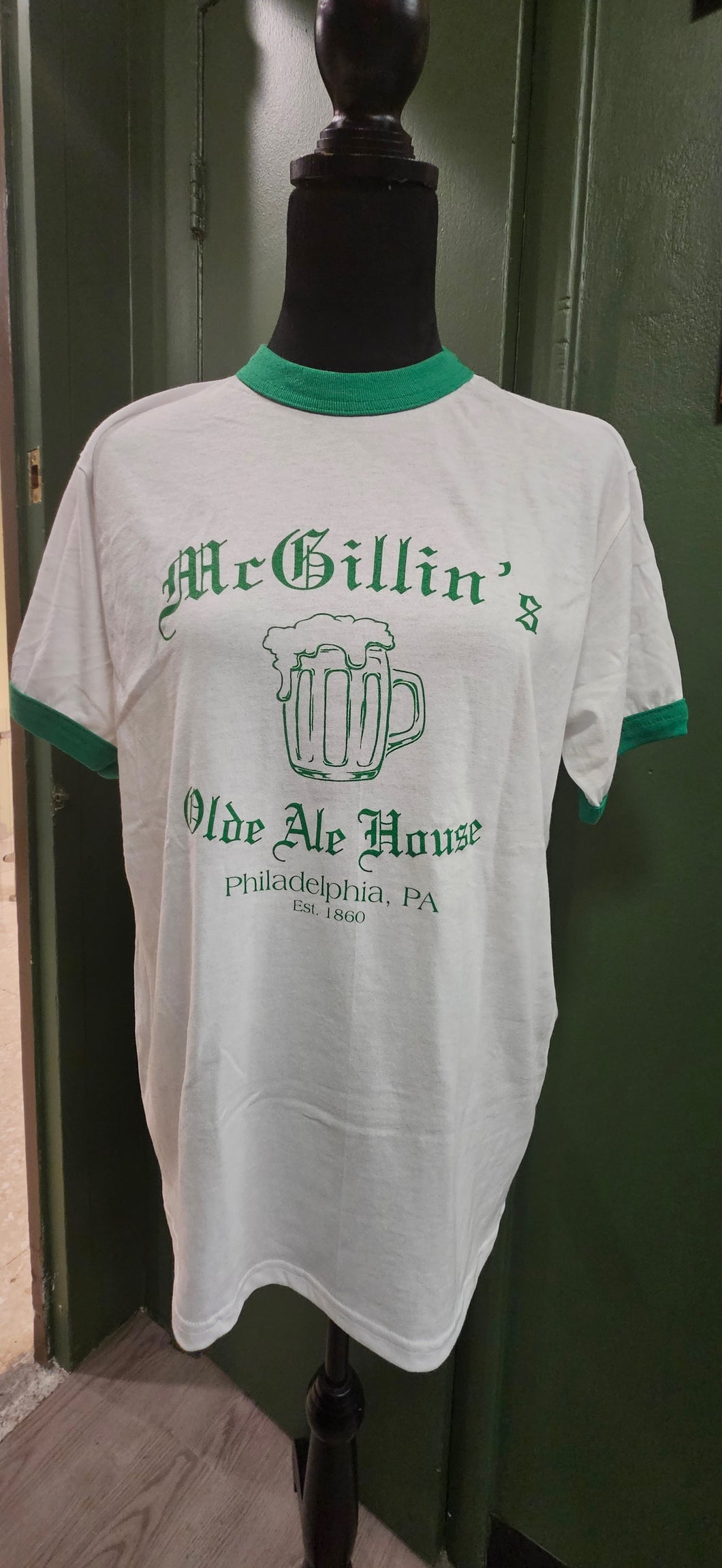 Retro White Mug Tee with Green Ringer