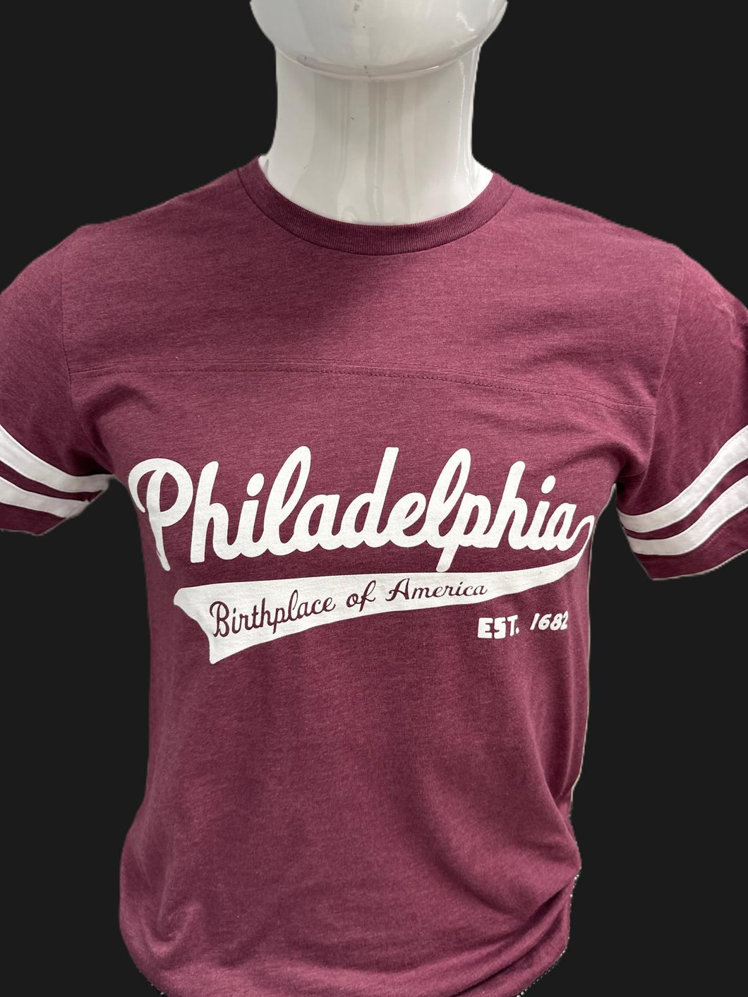 Maroon t-shirt with 'Philadelphia Birthplace of America' text 