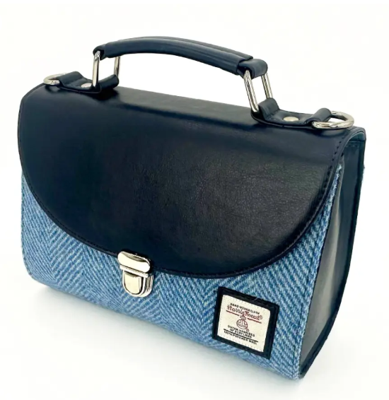 Sky Blue Herringbone Tweed with Blue Leather purse