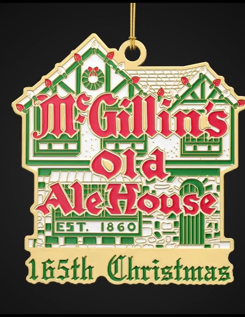 Gold Etched Ornament of McGillin's Facade celebrating 165th Christmas