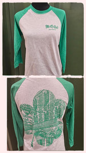 Gray and green baseball shirt with graphic design 