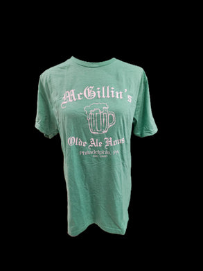 Green t-shirt with white text and beer mug graphic 