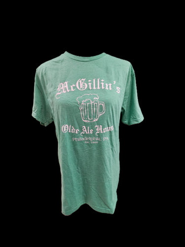 Green t-shirt with white text and beer mug graphic 