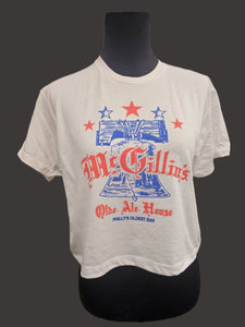 White t-shirt with red and blue graphics 
